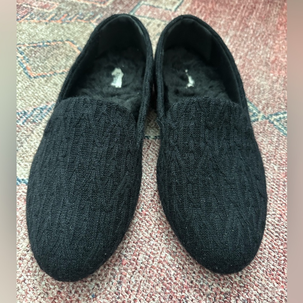 Birdies Starling Black Cable-Knit Loafers with Fur Lining